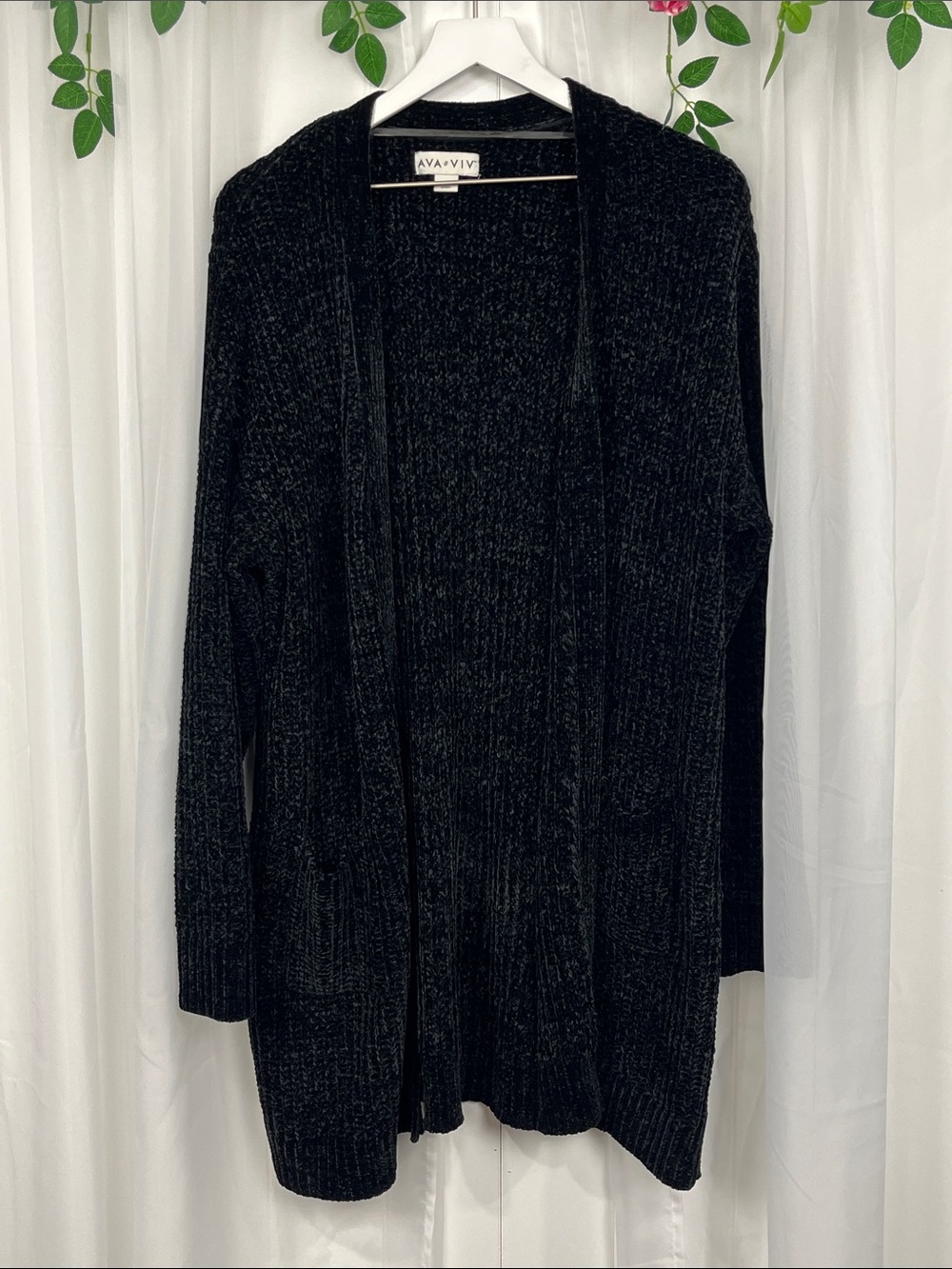 Ava & Viv Open Front Long Line Cardigan 1X Black Chenille Heavy 100% Poly EUC